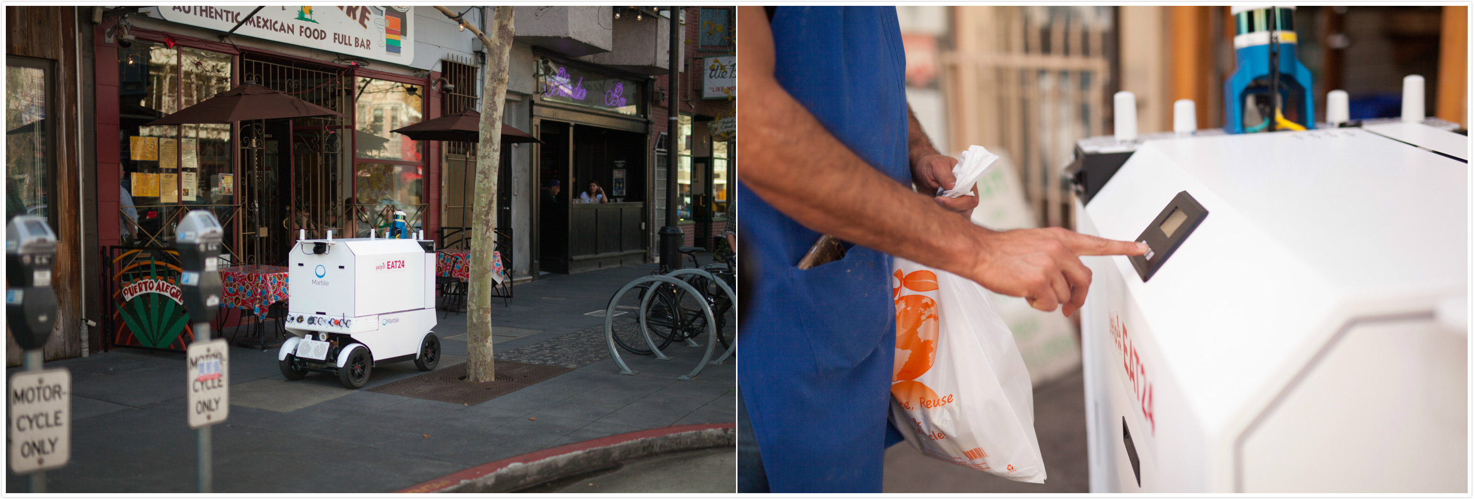 餐馆工作人员将顾客点的食物放在机器人的货舱中,然后送到顾客家中,顾客可用提取码打开货舱门锁,取出食物。